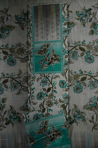 Sea Green Colour cotton Unstitched Suit Fabric with Pant & cotton Dupatta