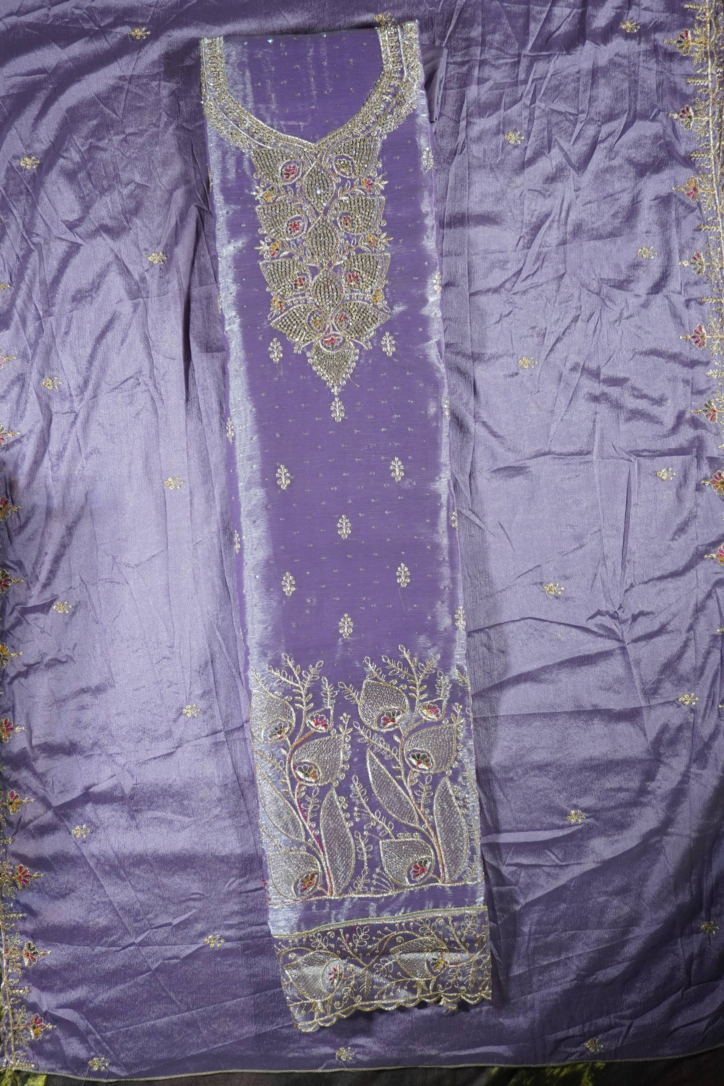 Lavender colour jimmy choo Stone work party wear Unstitched Suit Fabric with Pant & Dupatta