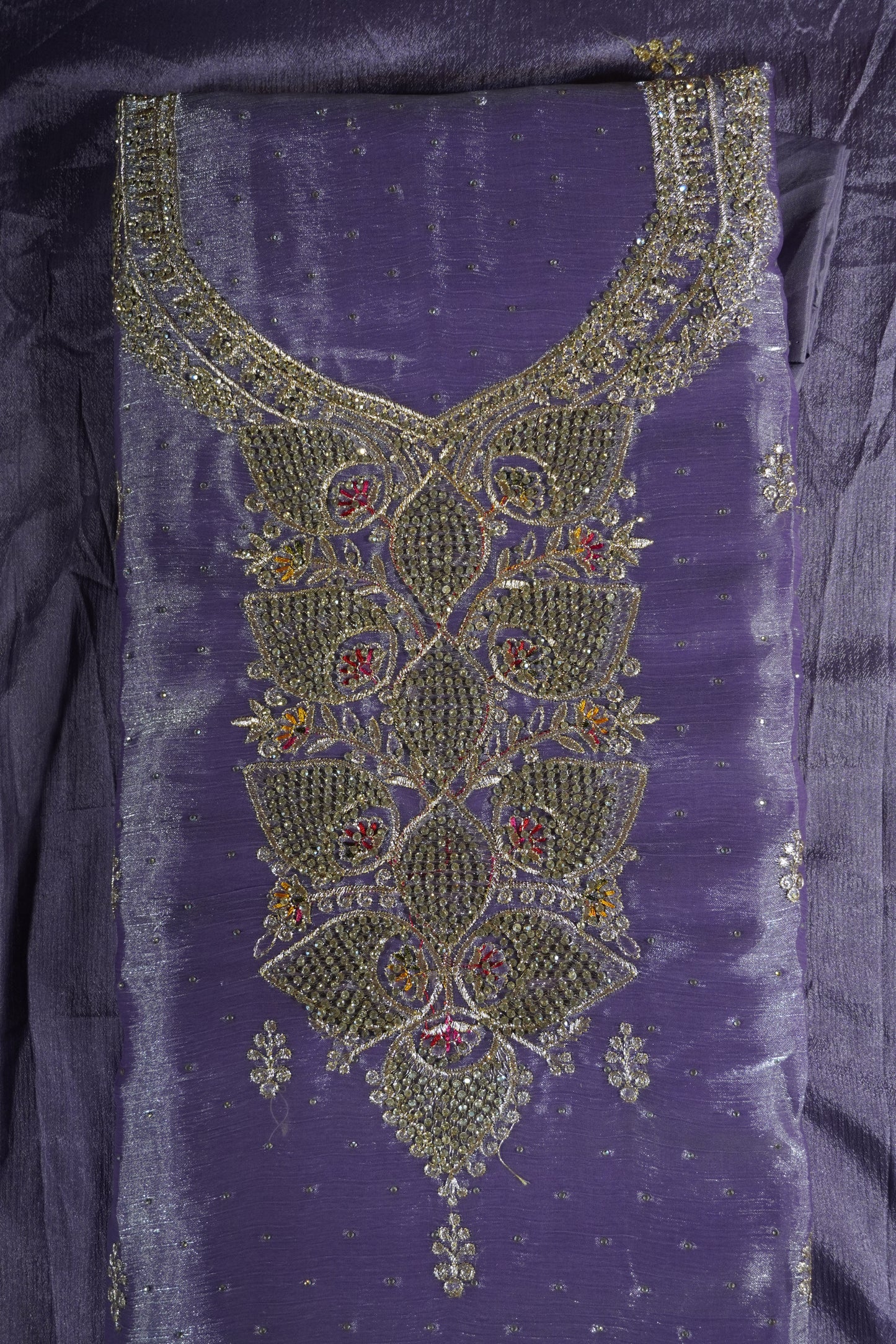 Lavender colour jimmy choo Stone work party wear Unstitched Suit Fabric with Pant & Dupatta