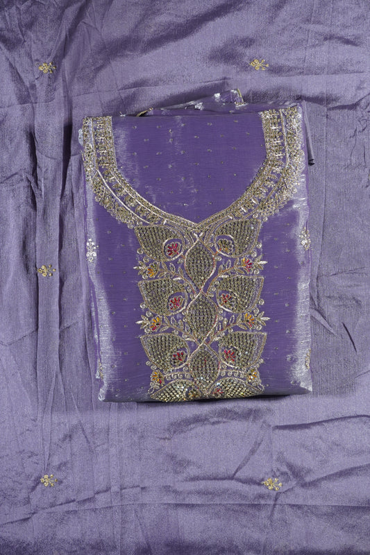 Lavender colour jimmy choo Stone work party wear Unstitched Suit Fabric with Pant & Dupatta