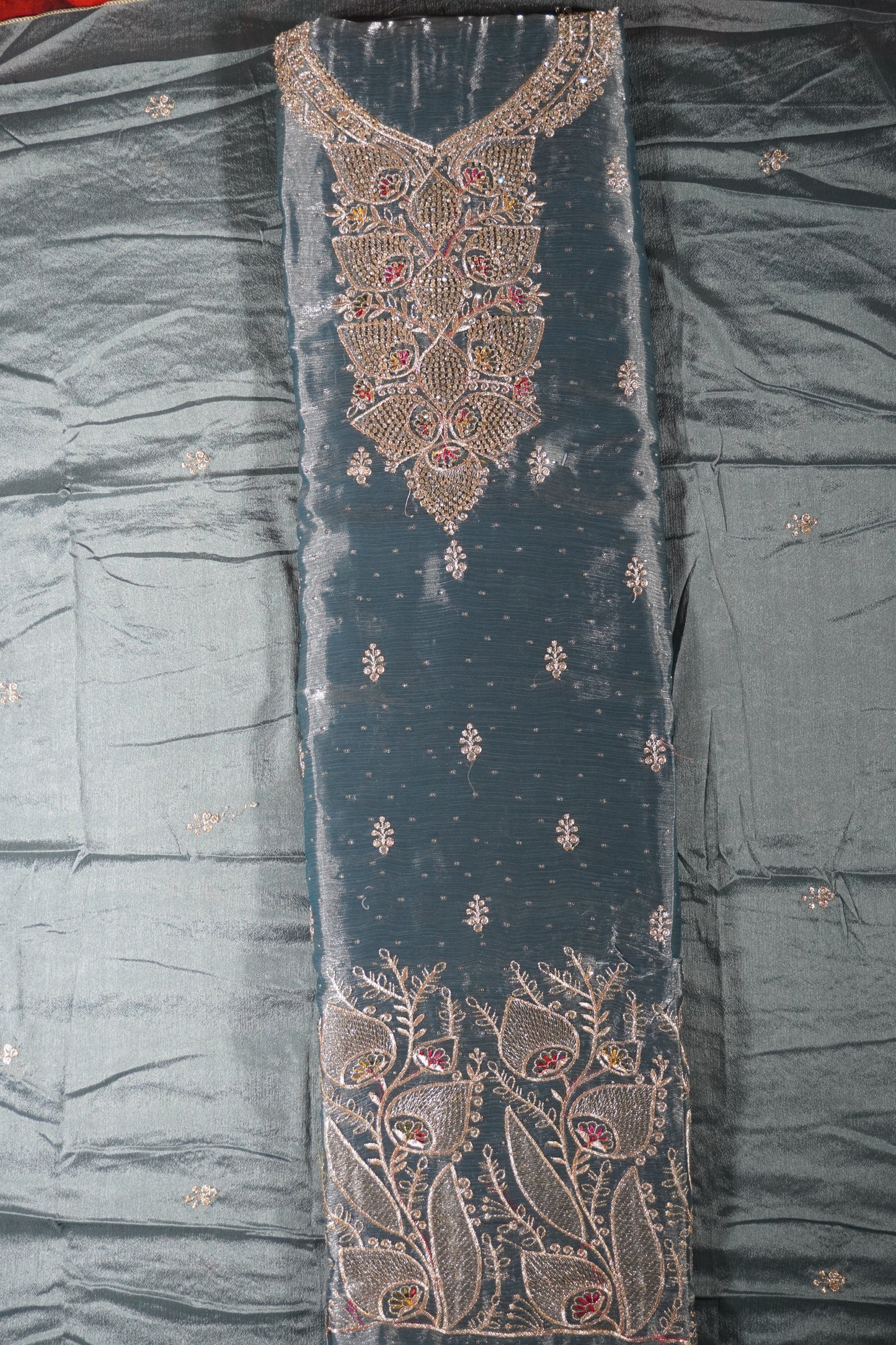 Teal colour jimmy choo Stone work party wear Unstitched Suit Fabric with Pant & Dupatta