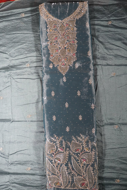 Teal colour jimmy choo Stone work party wear Unstitched Suit Fabric with Pant & Dupatta