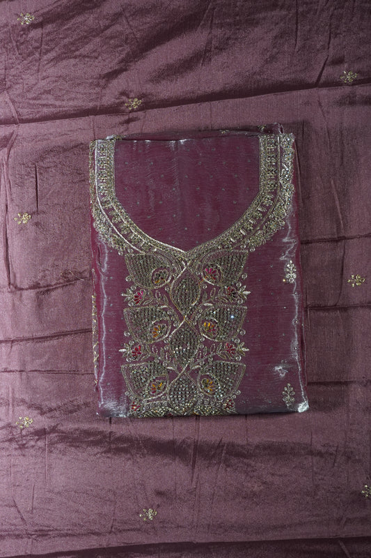 Mauve color jimmy choo Stone work party wear Unstitched Suit Fabric with Pant & Dupatta