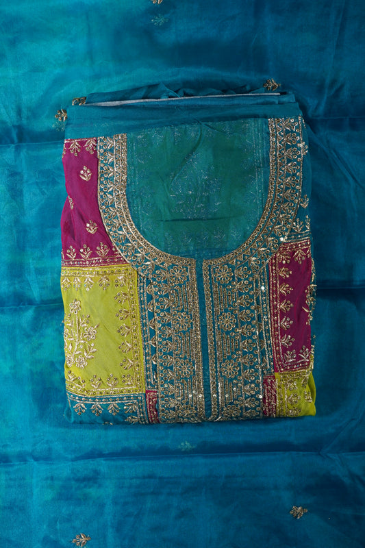 Multi colour Thread & Zari work Party wear Unstitched Suit Fabric with Pant & Dupatta