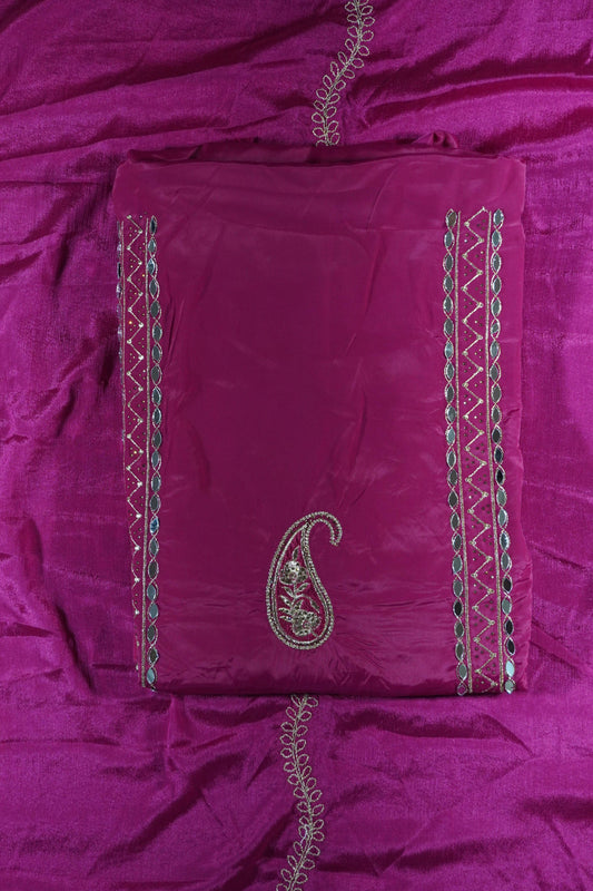 Magenta colour crepe fabric Mirror work Unstitched Suit Fabric with Pant & Dupatta