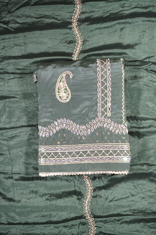 Green colour crepe fabric Mirror work Unstitched Suit Fabric with Pant & Dupatta