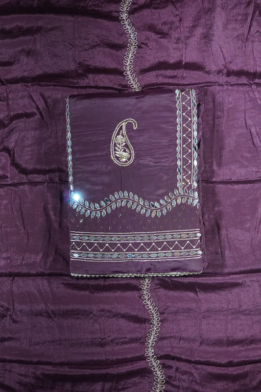 Purple colour crepe fabric Mirror work Unstitched Suit Fabric with Pant & Dupatta
