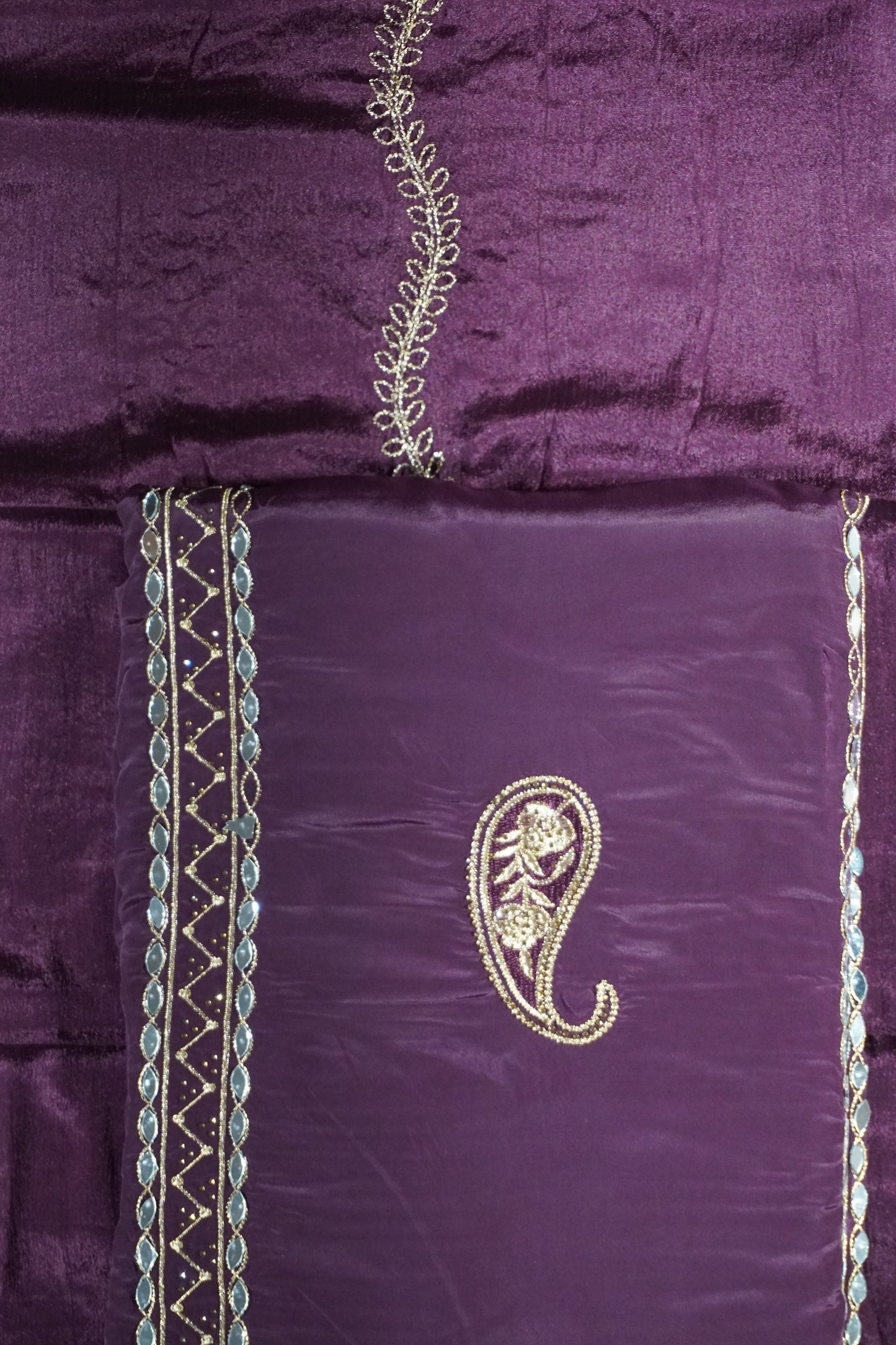 Purple colour crepe fabric Mirror work Unstitched Suit Fabric with Pant & Dupatta