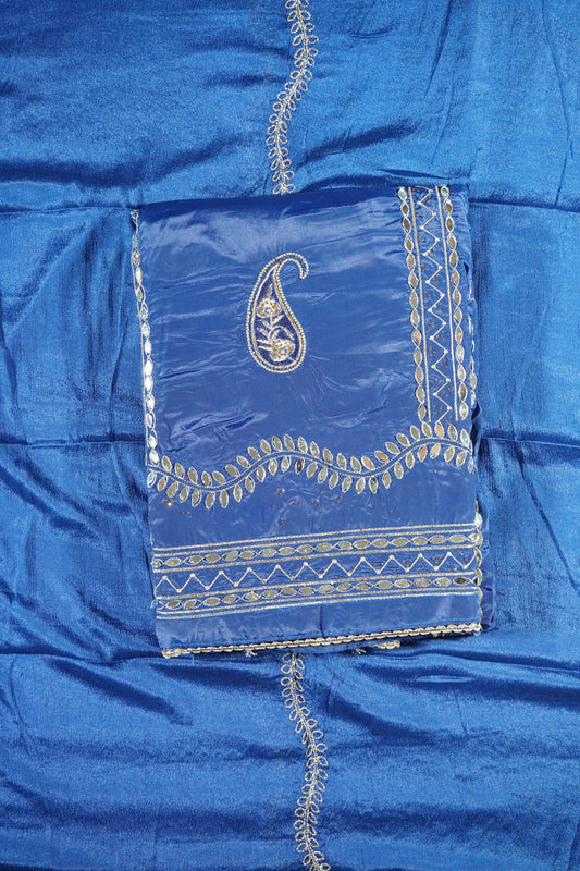 Blue colour crepe fabric Mirror work Unstitched Suit Fabric with Pant & Dupatta