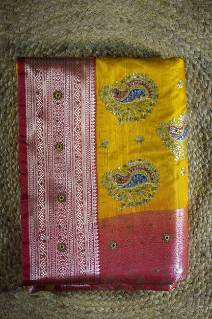Yellow & Red silk Saree