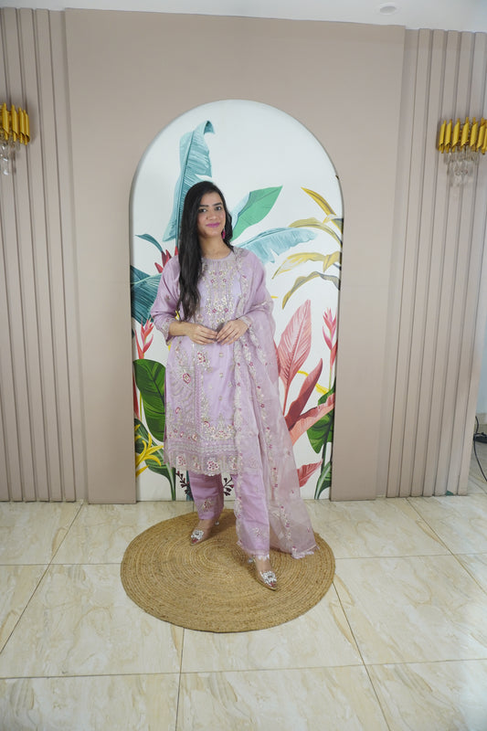 Lavender Colour Zari & sequence Work Pakistani Kurta Set with Pant & Dupatta