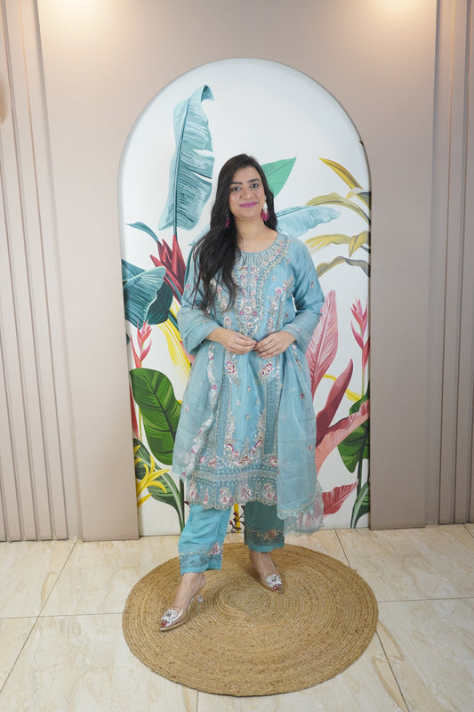 Blue Colour Zari & sequence Work Pakistani Kurta Set with Pant & Dupatta