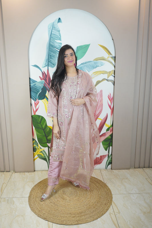 Mauve Colour Zari & sequence Work Pakistani Kurta Set with Pant & Dupatta