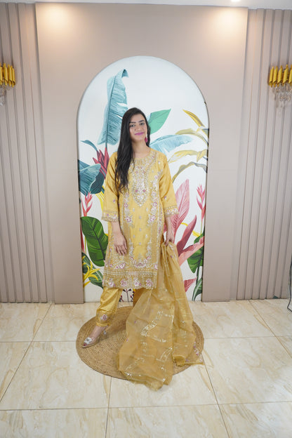 Golden Colour Zari & sequence Work Pakistani Kurta Set with Pant & Dupatta