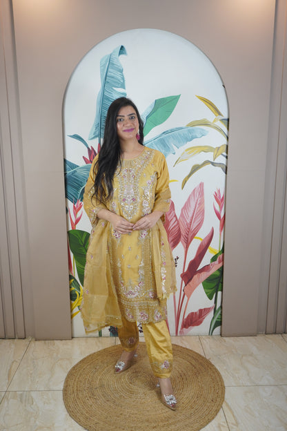 Golden Colour Zari & sequence Work Pakistani Kurta Set with Pant & Dupatta