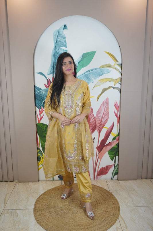 Golden Colour Zari & sequence Work Pakistani Kurta Set with Pant & Dupatta