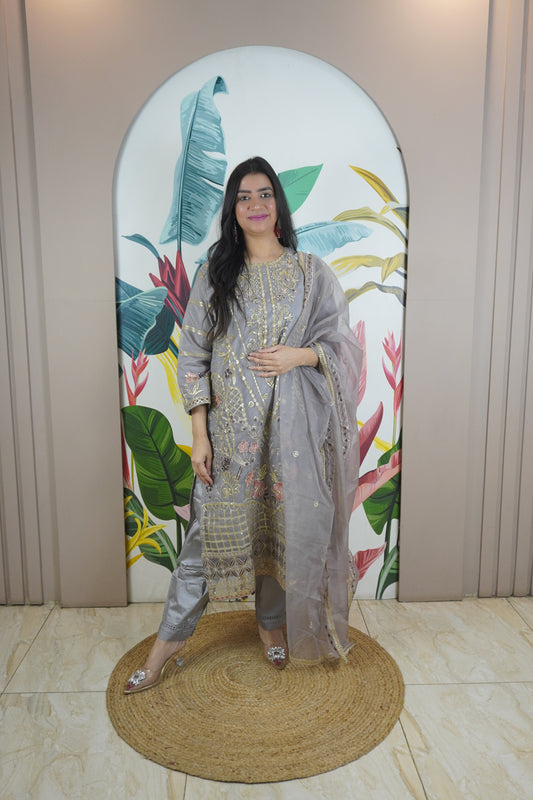 Grey Colour Zari & sequence Work Pakistani Kurta Set with Pant & Dupatta