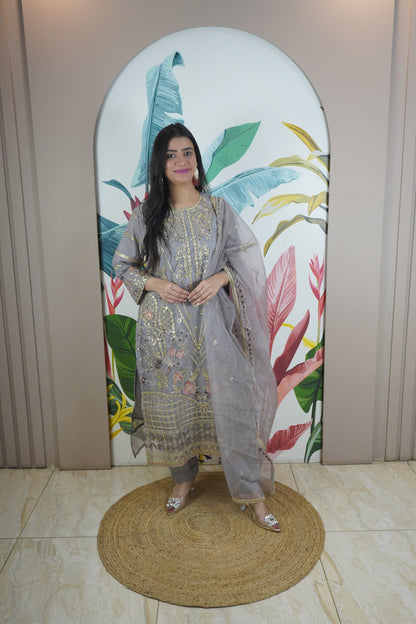 Grey Colour Zari & sequence Work Pakistani Kurta Set with Pant & Dupatta