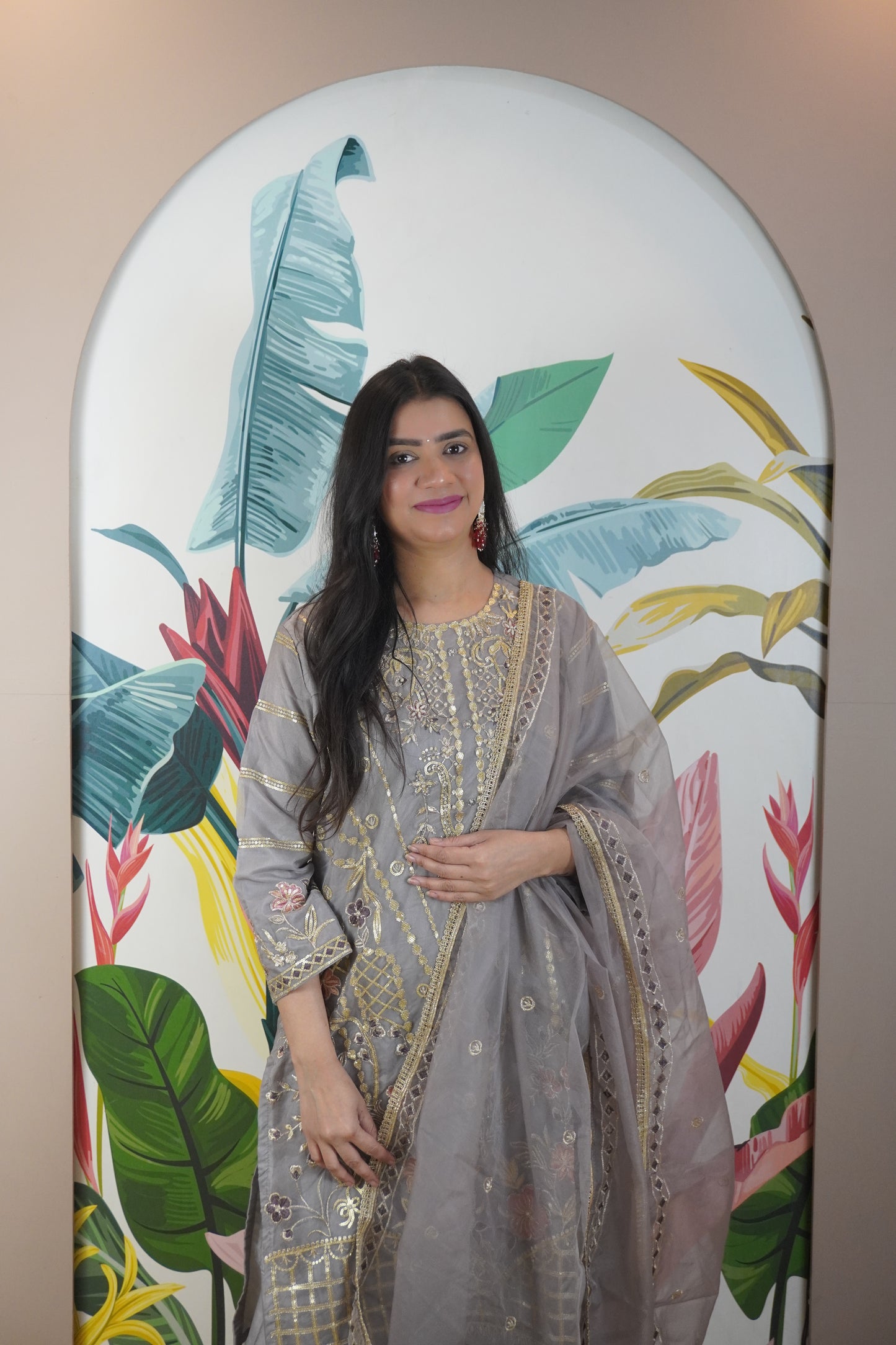 Grey Colour Zari & sequence Work Pakistani Kurta Set with Pant & Dupatta