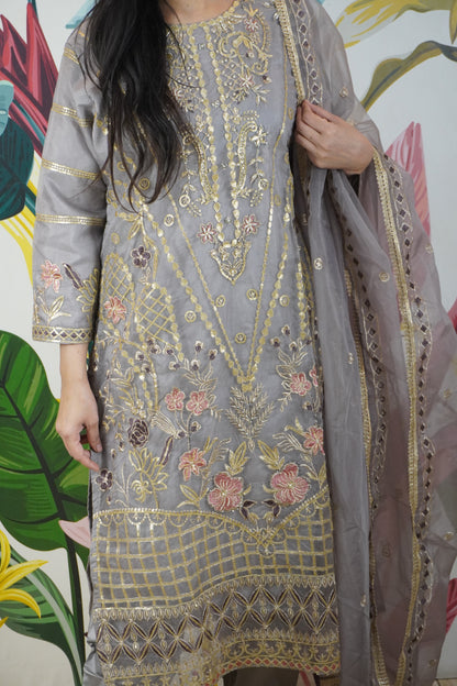 Grey Colour Zari & sequence Work Pakistani Kurta Set with Pant & Dupatta