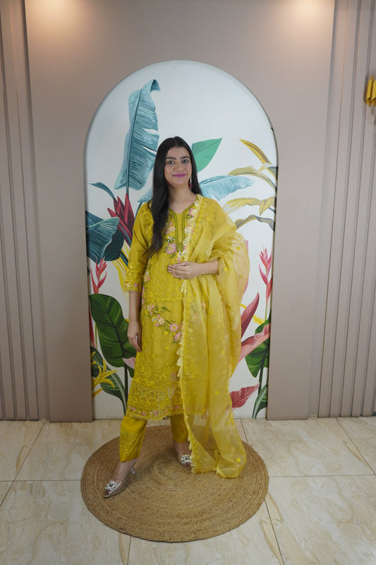Yellow Colour Zari & sequence Work Pakistani Kurta Set with Pant & Dupatta