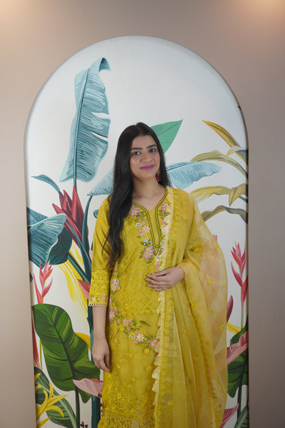 Yellow Colour Zari & sequence Work Pakistani Kurta Set with Pant & Dupatta