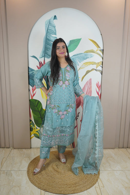 Blue Colour Zari & sequence Work Pakistani Kurta Set with Pant & Dupatta