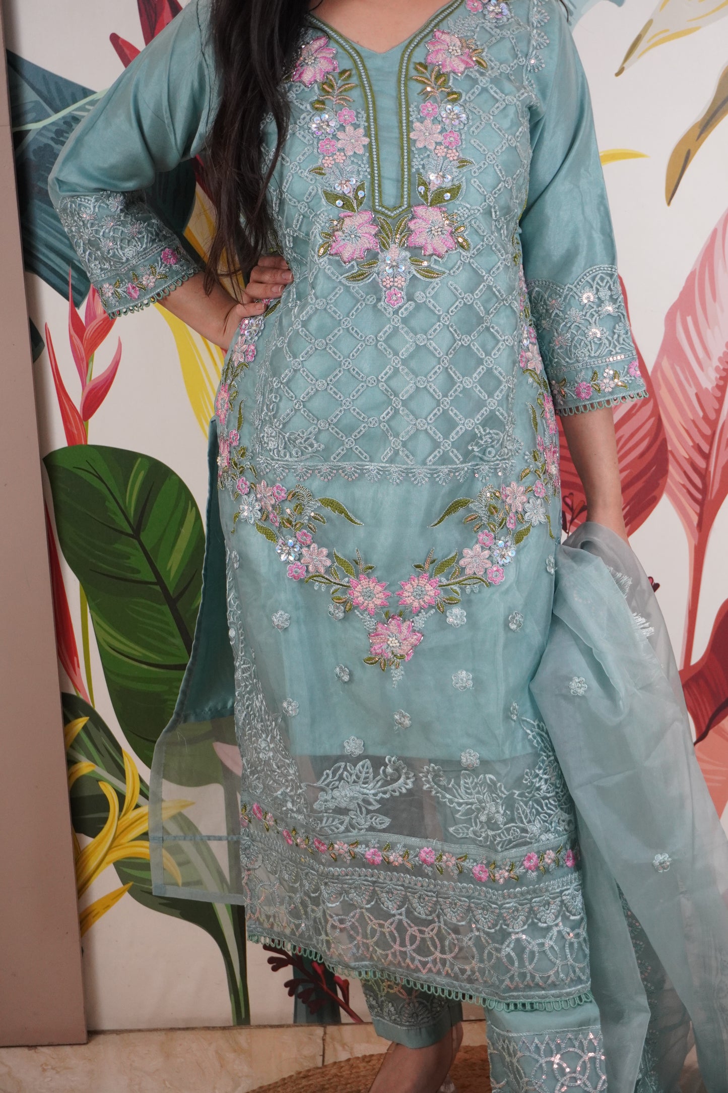 Blue Colour Zari & sequence Work Pakistani Kurta Set with Pant & Dupatta