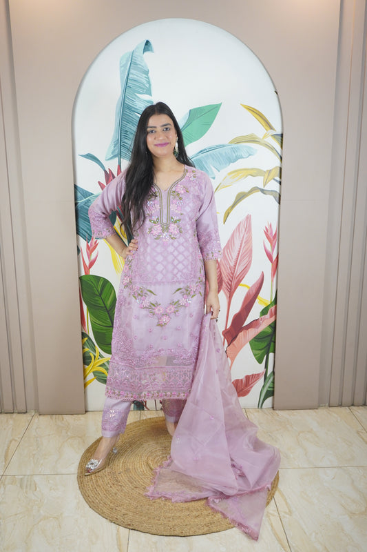 Purple Colour Zari & sequence Work Pakistani Kurta Set with Pant & Dupatta