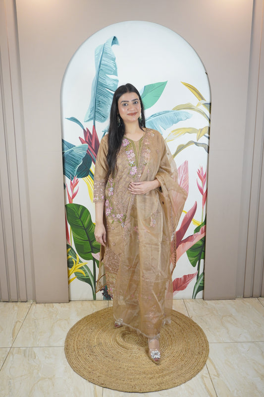 Brown Colour Zari & sequence Work Pakistani Kurta Set with Pant & Dupatta