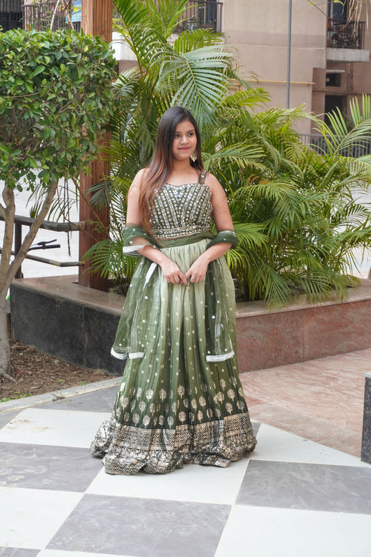 Mehandi Colour Stone and Mirror Work Free size Ready to Wear Designer Lehenga (Dress have 4 inch of margin both side for alteration as per customer need)
