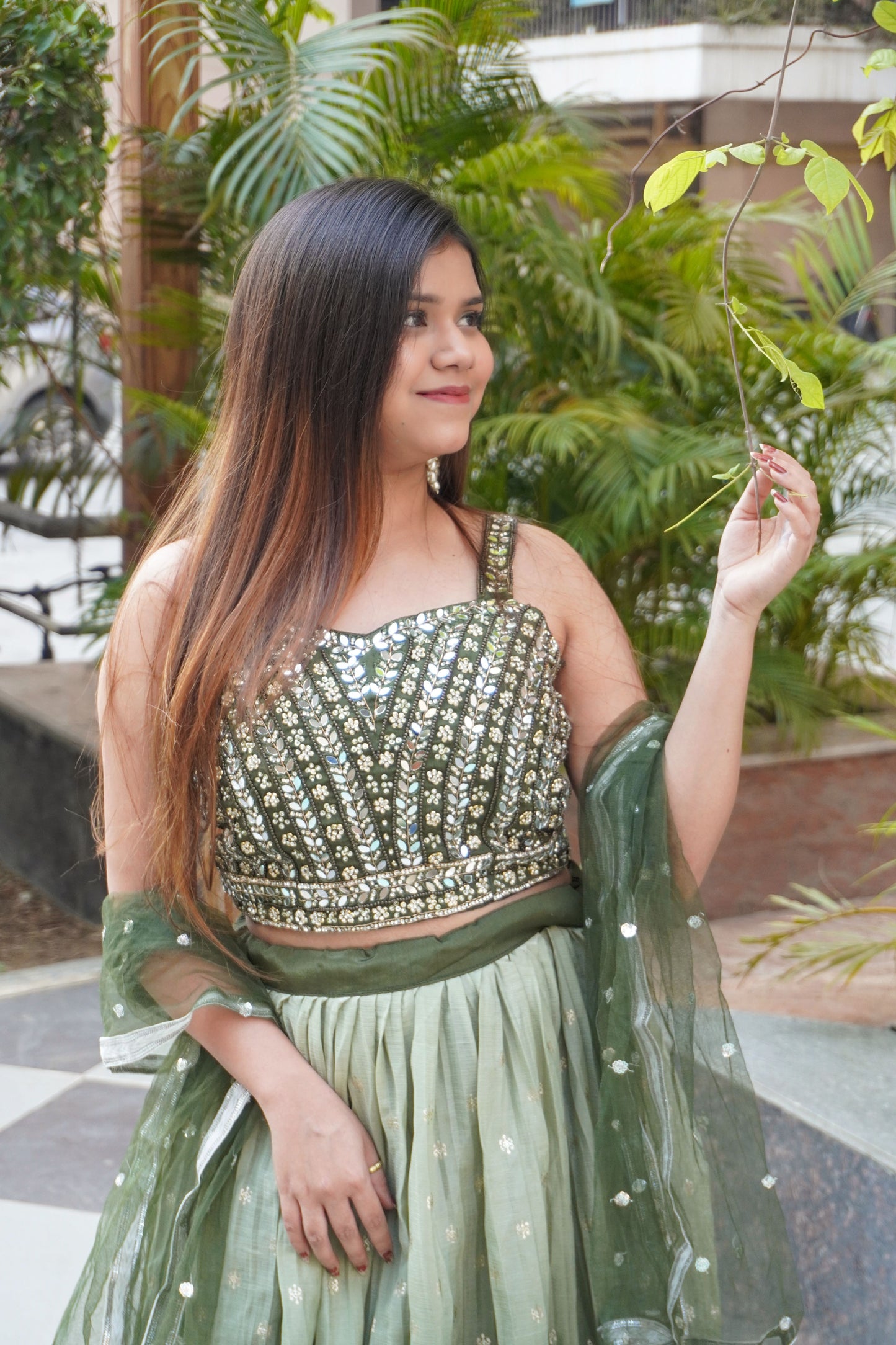 Mehandi Colour Stone and Mirror Work Free size Ready to Wear Designer Lehenga (Dress have 4 inch of margin both side for alteration as per customer need)