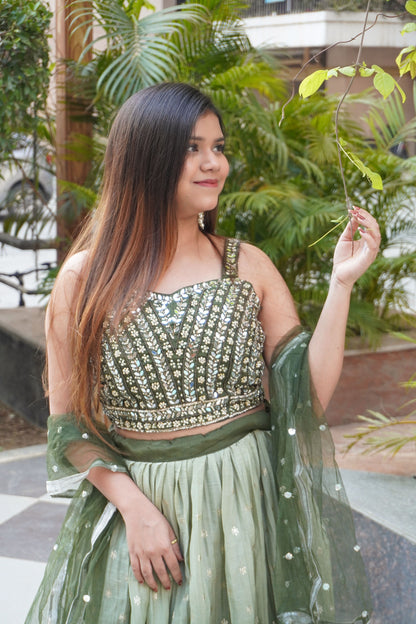 Mehandi Colour Stone and Mirror Work Free size Ready to Wear Designer Lehenga (Dress have 4 inch of margin both side for alteration as per customer need)