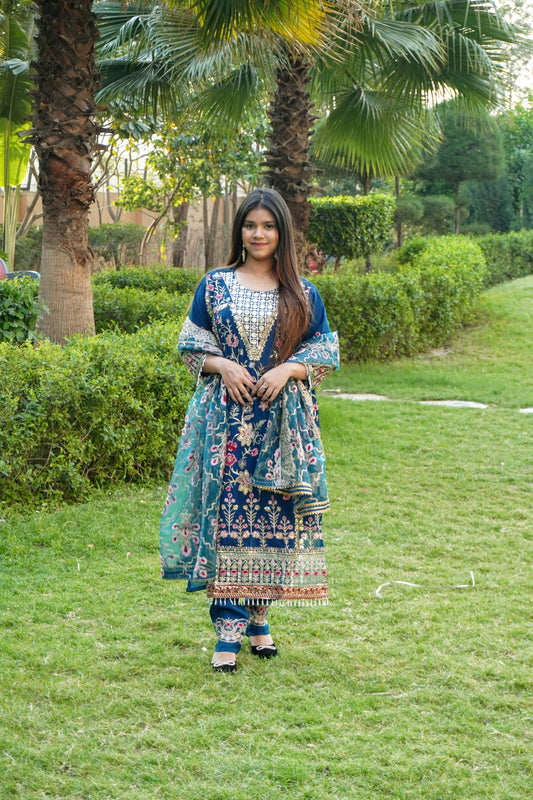Blue Colour Zari & Mirror Work Pakistani Kurta Set with Pant & Dupatta