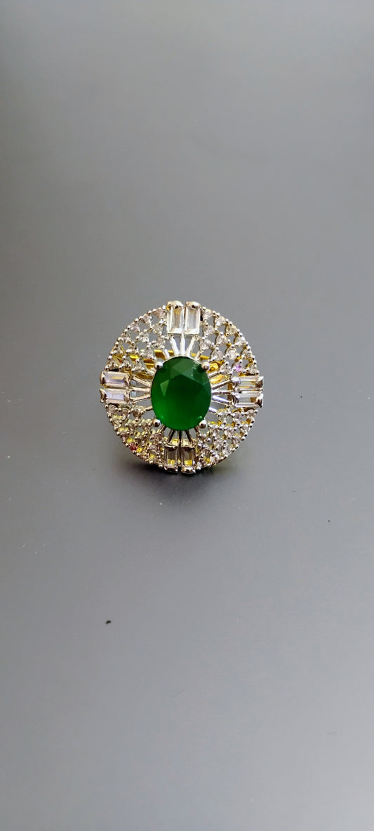 Round shape American Diamond Stylish Green Stone Adjustable Ring
